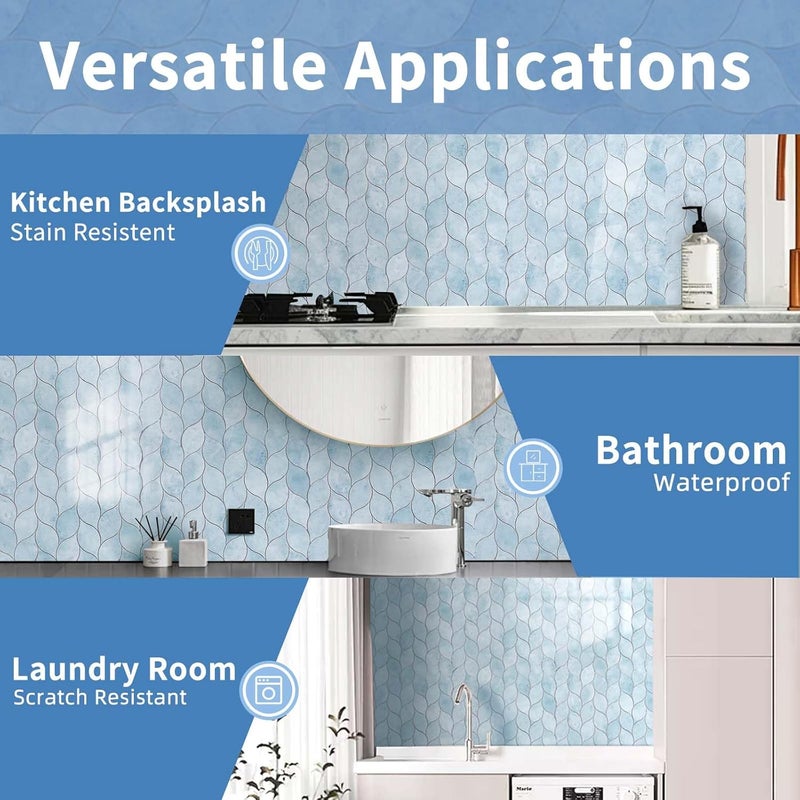 Tilingview 10-Sheet Peel and Stick Backsplash Tile for Kitchen, Self-Adhesive Mosaic Glossy Leaf Stick on Wall Tile with Gaps (Pastel Blue) - Image 4